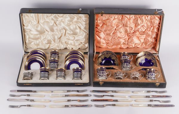 TWO SILVER AND CERAMIC PART CABARET SETS AND FURTHER FLATWARE (QTY)