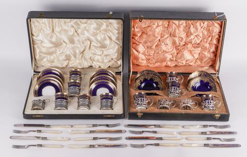 TWO SILVER AND CERAMIC PART CABARET SETS AND FURTHER FLATWARE (QTY)