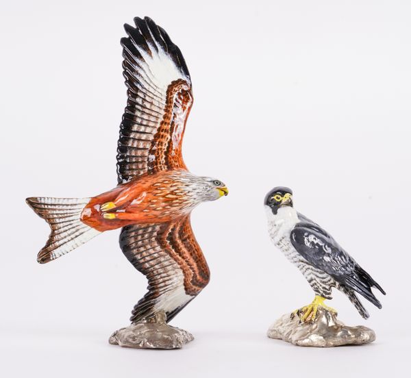 TWO PAINTED MODERN SILVER MODELS OF BIRDS OF PREY (2)