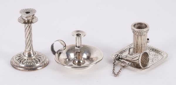 TWO MINIATURE CHAMBER STICKS AND A MINIATURE CANDLESTICK (3)