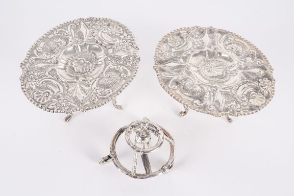 A DUTCH MINIATURE BABY WALKER AND A PAIR OF MINIATURE SILVER OVAL TOPPED TABLES (3)