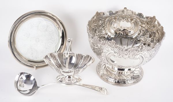 A SILVER BASKET AND THREE PLATED ITEMS (4)