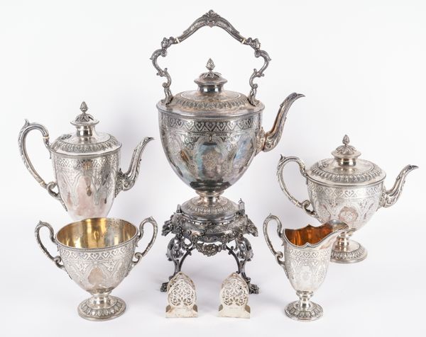 A VICTORIAN FIVE-PIECE SILVER AND PLATED TEA AND COFFEE SET AND A PAIR OF SILVER NAPKIN HOLDERS (7)