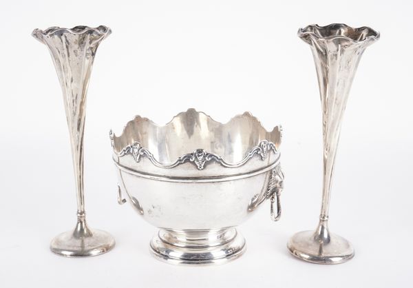 A SILVER ROSE BOWL AND A PAIR OF TRUMPET SHAPED VASES (3)