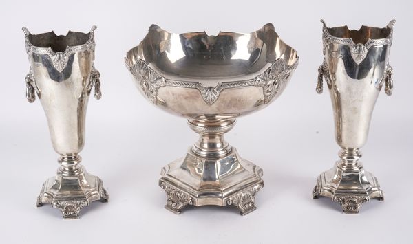 A SILVER TABLE CENTERPIECE BOWL TOGETHER WITH A SIMILAR PAIR OF TWIN HANDLED VASES (3)