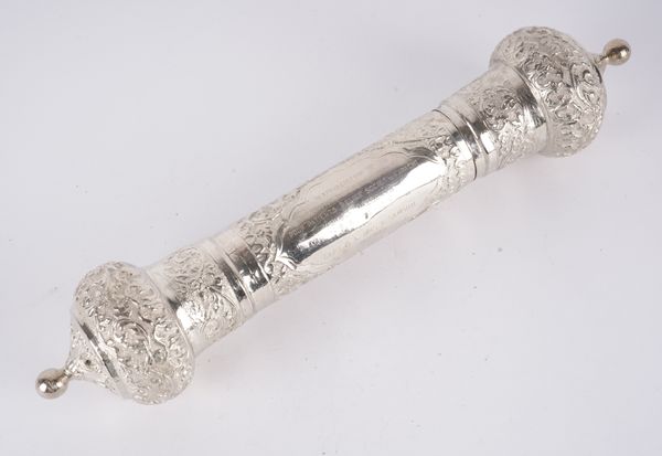 A PAKISTANI SILVER COLOURED METAL SCROLL HOLDER