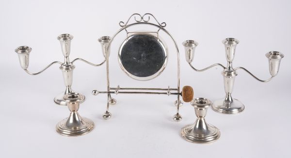 A PAIR OF STERLING THREE LIGHT TABLE CANDELABRA AND THREE FURTHER ITEMS (6)