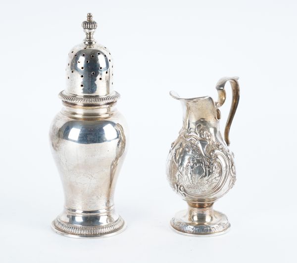 A SILVER SUGAR CASTER AND A SILVER CREAM JUG (2)