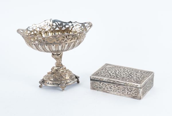 A SILVER PEDESTAL DISH AND A FOREIGN RECTANGULAR BOX (2)