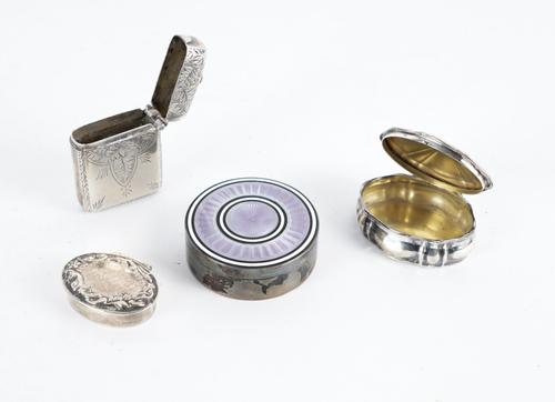 A SILVER RECTANGULAR VESTA CASE AND THREE FURTHER BOXES (4)