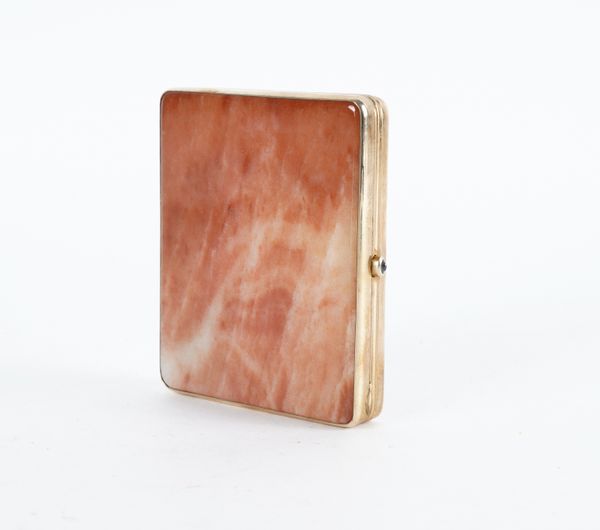 A  U.S.S.R  SILVER GILT MOUNTED RECTANGULAR DYED AGATE CIGARETTE CASE