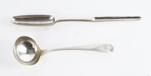 A GEORGE II SILVER MARROW SCOOP AND A GEORGE III SILVER SAUCE LADLE (2)