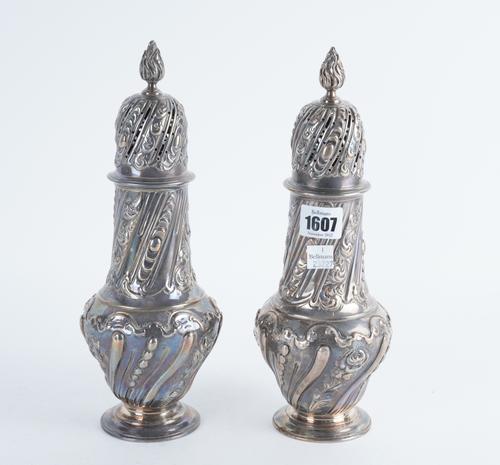 A PAIR OF LATE VICTORIAN SILVER LARGE SUGAR CASTERS (2)