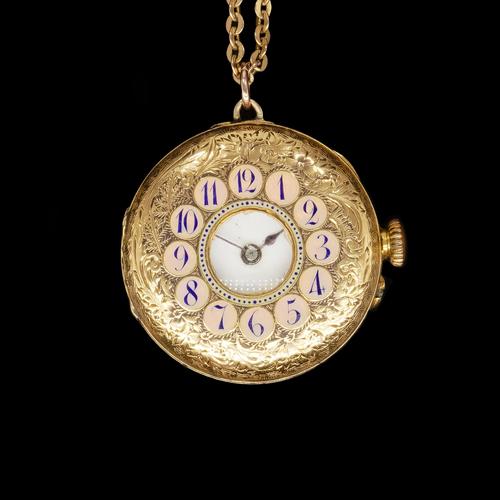 A GOLD HALF HUNTING CASED PENDANT WATCH WITH A GOLD NECKCHAIN (2)