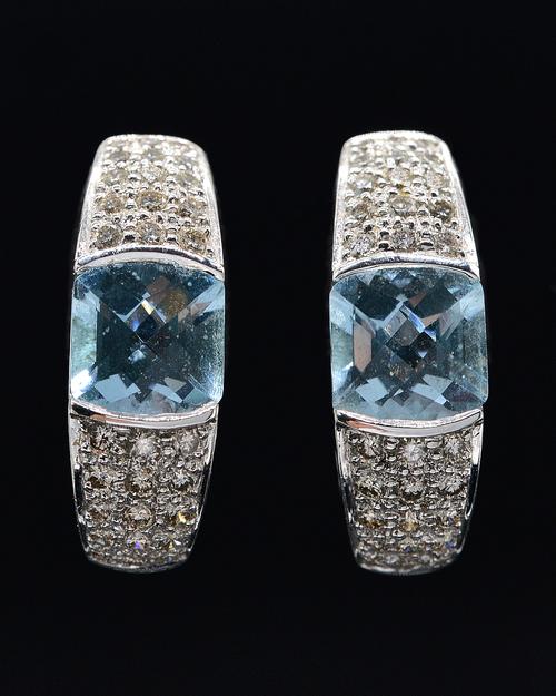 A PAIR OF AQUAMARINE AND DIAMOND EARRINGS
