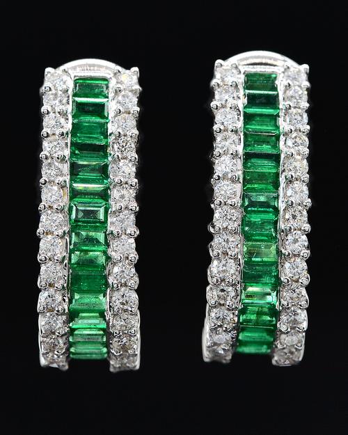 A PAIR OF EMERALD AND DIAMOND EARRINGS