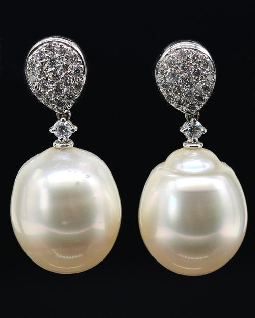 A PAIR OF DIAMOND AND CULTURED PEARL DROP EARRINGS