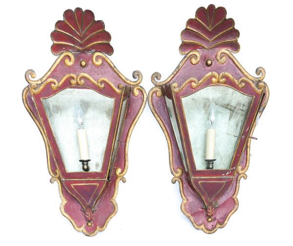 A PAIR OF PARCEL-GILT RED DECORATED TOLE-PEINTE WALL LANTERNS (2)