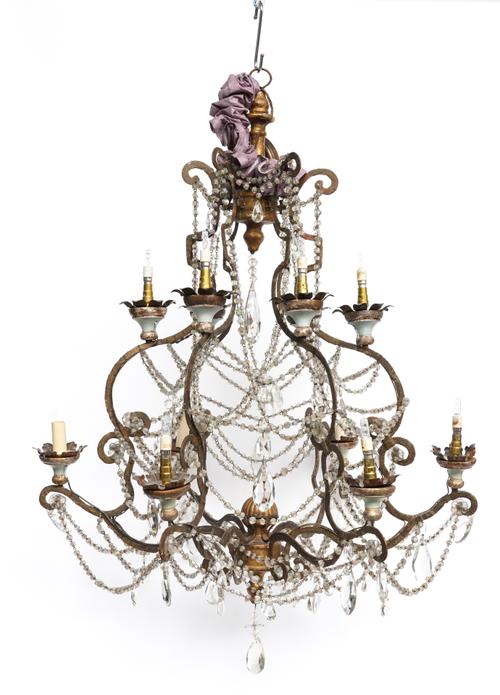 AN ITALIAN GILTWOOD AND GILT-METAL TWELVE LIGHT GLASS MOUNTED CHANDELIER