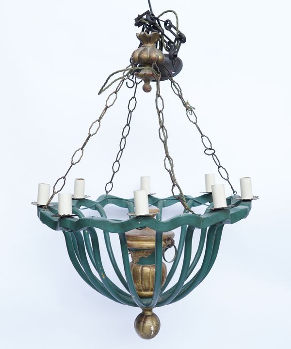 A GREEN PAINTED AND GILT-WOOD HANGING LIGHT