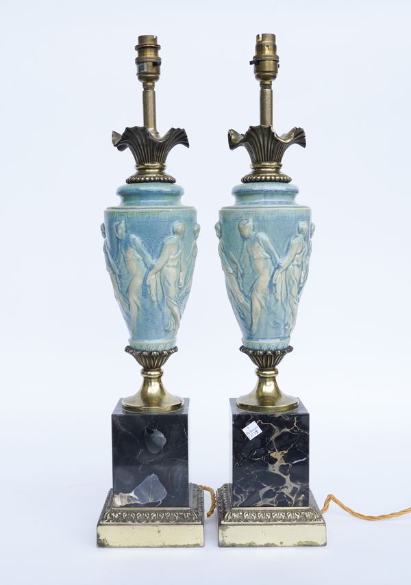 A PAIR OF GILT-METAL MOUNTED BLUE GLAZED CERAMIC VASE TABLE LAMPS (2)