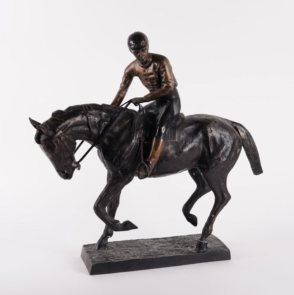 AFTER ISIDORE BONHEUR: BRONZE PATINATED METAL SCULPTURE OF A HORSE AND JOCKEY