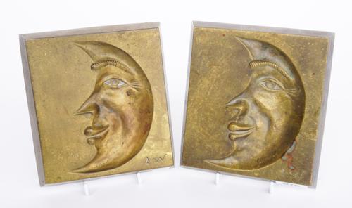 ZEV (NÉ DANIEL HARRIS, AMERICAN, 1814-1986): A PAIR OF GILT-BRONZE 'MAN IN MOON' PLAQUES (2)