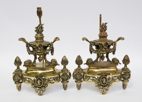 A PAIR OF FRENCH LOUIS XVI STYLE BRASS CHENET ADAPTED INTO TABLE LAMPS (2)