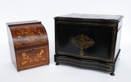 A NAPOLEON III BRASS INLAID EBONY AND ROSEWOOD TANTALUS LIQUOR BOX, TOGETHER WITH AN ANGLO-DUTCH MAHOGANY AND MARQUETRY EXAMPLE (2)