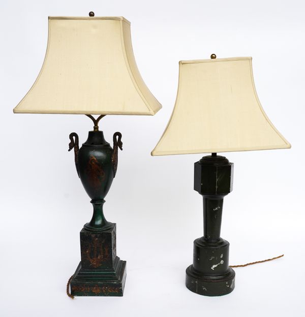 TWO FRENCH NAPOLEON III GREEN PAINTED TOLE-PEINTE TABLE LAMPS (2)