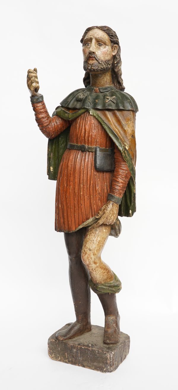 A SPANISH OR SPANISH COLONIAL CARVED POLYCHROME FIGURE OF ST. ROCH