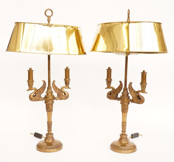 A PAIR OF EMPIRE STYLE GILT-METAL TWIN-LIGHT TABLE LAMPS (2)