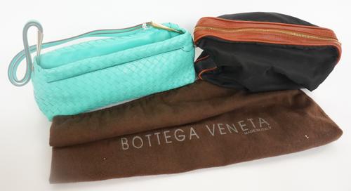 BOTTEGA VENETA: A GREEN LEATHER WOVEN HANDBAG AND A CANVAS POUCH (2)