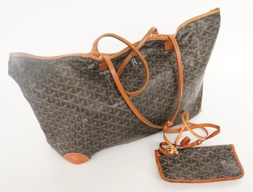 GOYARD PARIS: A GOYARDINE CANVAS AND CALFSKIN BAG WITH POUCH (2)