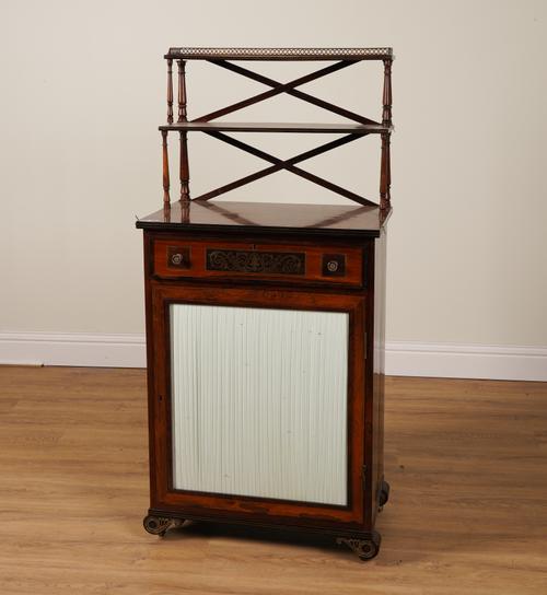 A REGENCY BRASS INLAID ROSEWOOD  SHELF BACK SIDE CABINET WITH FITTED SECRETAIRE DRAWER