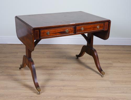 A REGENCY STYLE INLAID MAHOGANY TWO DRAWER SOFA TABLE