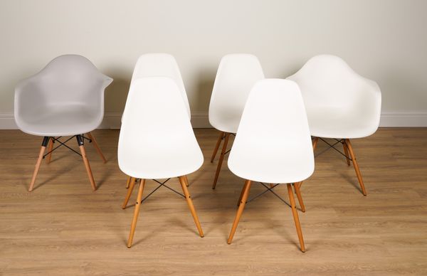VITRA, A SET OF SIX EAMES SHELL PLASTIC CHAIRS, INCLUDING TWO CARVERS (6)