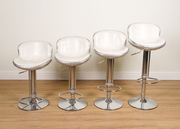 A SET OF FOUR ALUMINIUM AND LEATHER BAR STOOLS WITH RIVETED CONSTRUCTION (4)