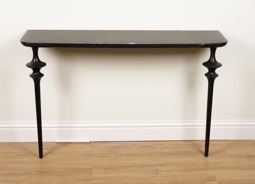 ARTERIORS, A BLACK STAINED OAK VILLEGAS CONSOLE TABLE ON TURNED SUPPORTS