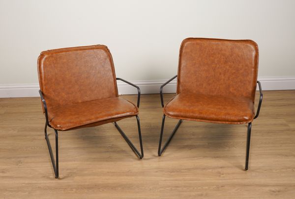 A PAIR OF TUBULAR METAL FRAMED OPEN ARMCHAIRS WITH FAUX BROWN LEATHER BACKS AND SEATS (2)