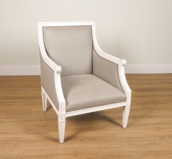 JONATHAN ADLER, A WHITE PAINTED OPEN ARMCHAIR WITH GREY UPHOLSTERY