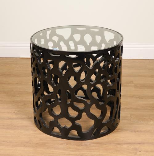 A BLACK PAINTED CYLINDRICAL SIDE TABLE