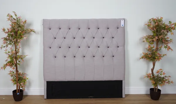 A GREY BUTTON BACK UPHOLSTERED DOUBLE BED HEADBOARD