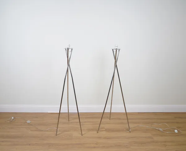 A PAIR OF CHROMED TRIPOD STANDARD LAMPS (2)