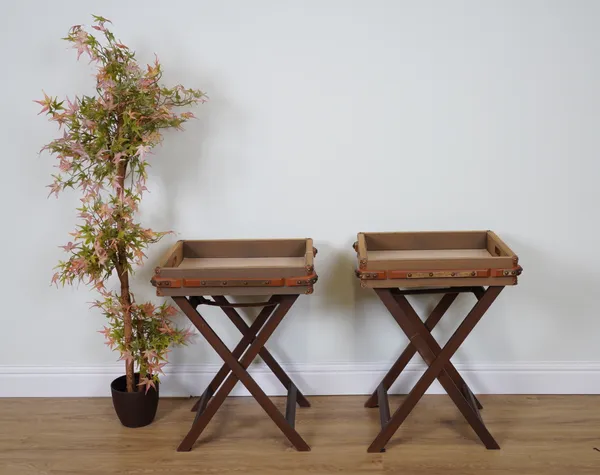 A PAIR OF CANVAS AND LEATHER FOLDING TRAY TOP TABLES (2)