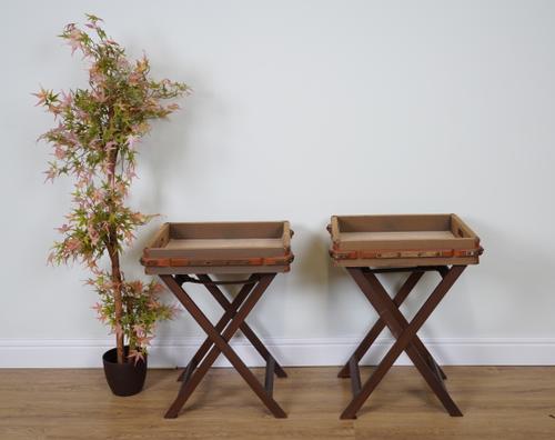 A PAIR OF CANVAS AND LEATHER FOLDING TRAY TOP TABLES (2)