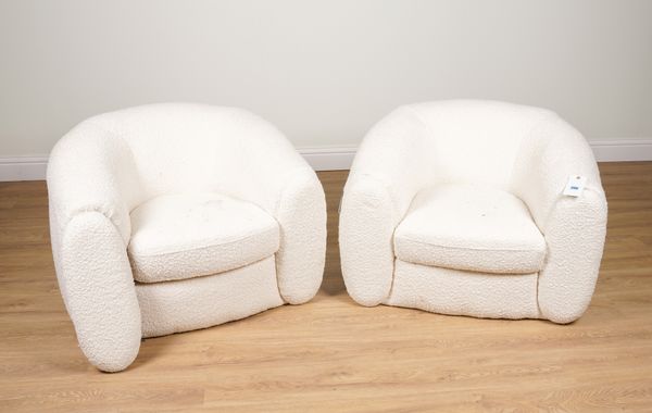 A PAIR OF WHITE BOUCLE UPHOLSTERED TUB BACK ARMCHAIRS