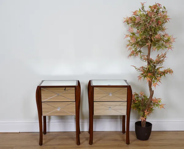 A PAIR OF STAINED BEECH AND MIRRORED TWO DRAWER BEDSIDE TABLES (2)