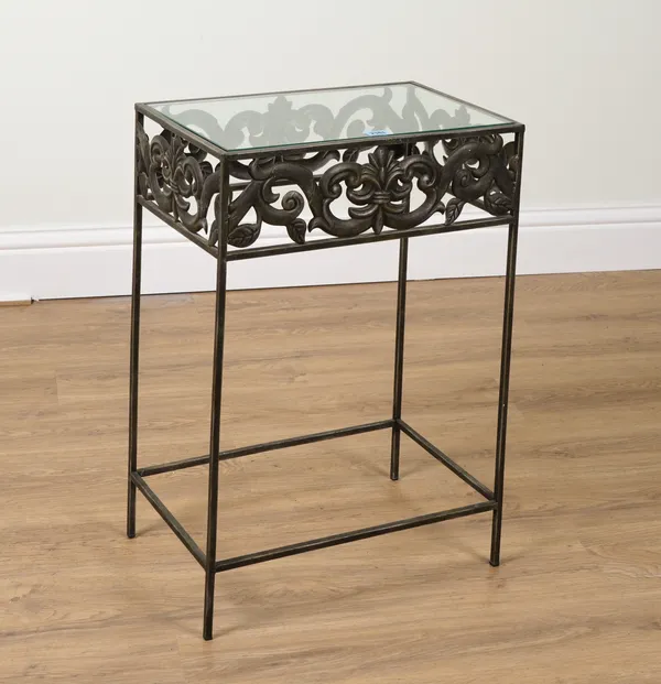 A PAIR OF PAINTED METAL AND GLASS SIDE TABLES (2)