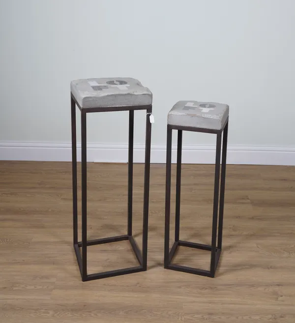 A METAL AND FAUX STONE SIDE TABLE (2)